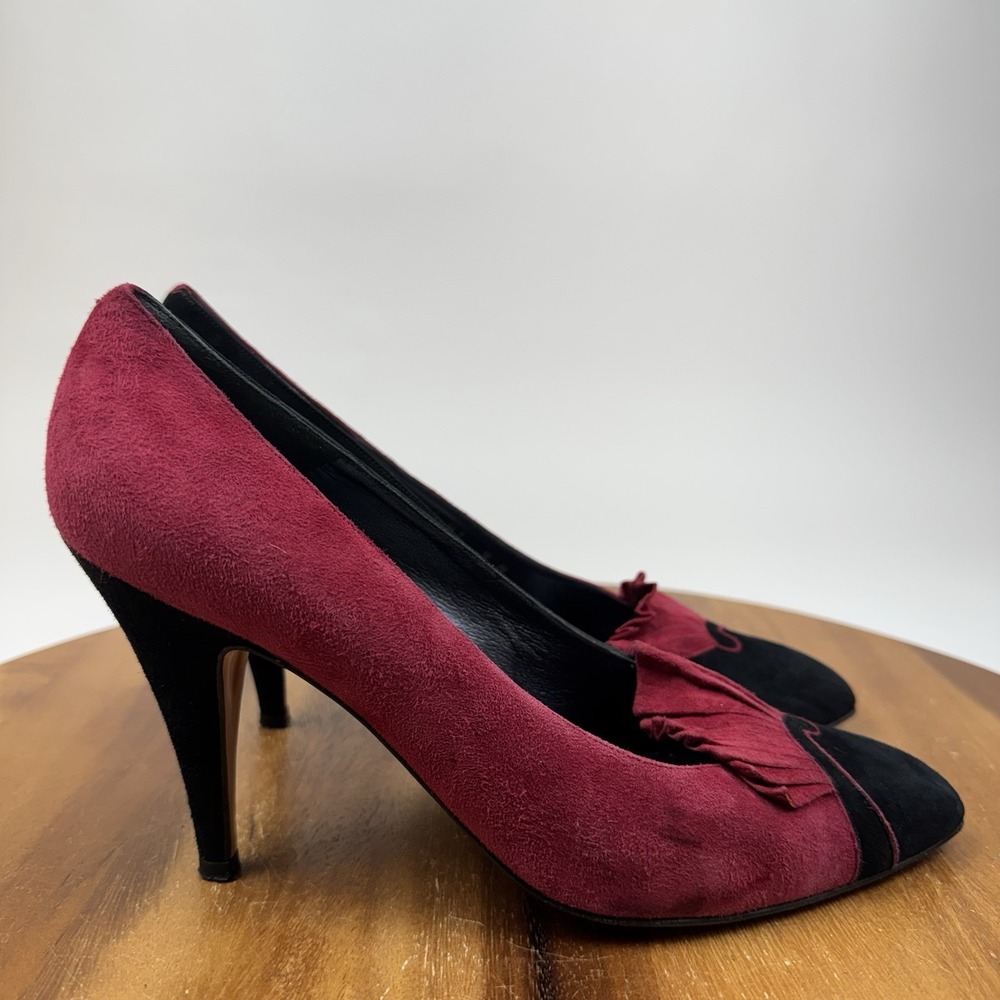 Womens Bally Vintage Red Black Suede Pleated Detail Slip On Heels Pumps Size 9 N